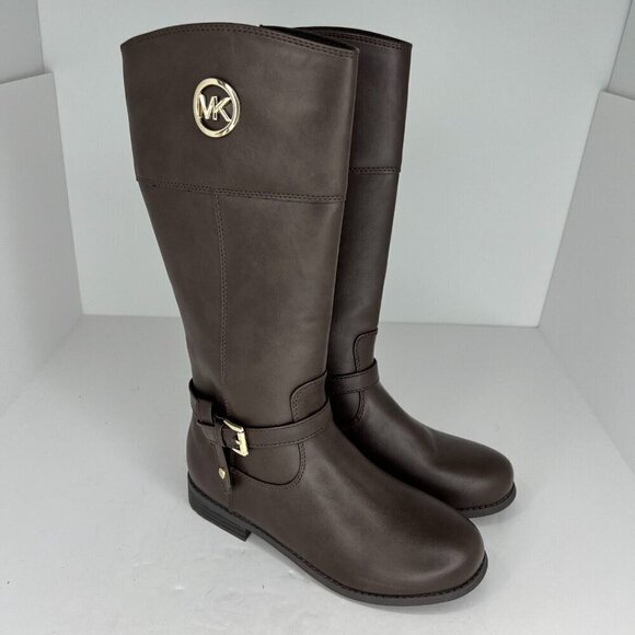 Michael Kors Girls Brown Flat Fully Zip Gold MK Logo Tone Size 3 Riding Boots - Picture 2 of 12